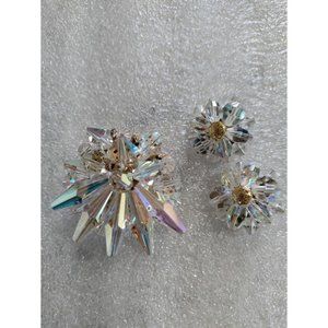 Vintage Crystal Bead Cluster Pin Brooch and Clip Earrings